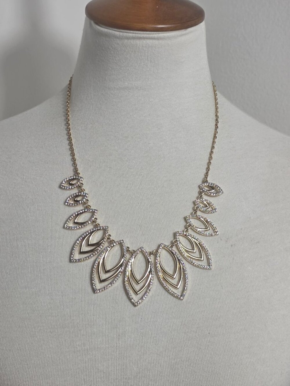 INC. International Concepts Navette Gold Tone Necklace Pave Crystal Leaf Links